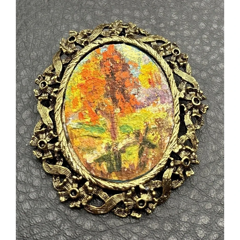 Vintage Ornate Landscape Painting Cameo Victorian Revival Brooch Gold Tone